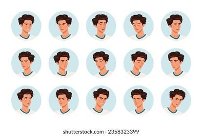 Sporty teenage boy avatar, young brunette hair man portrait bundle. Healthy attractive student in t-shirt. Different emotions, face icons character pic. Vector cartoon circle set on white background