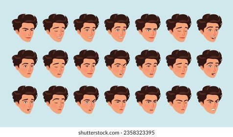 Sporty teenage boy emote set, young brunette hair man portrait bundle. Healthy active handsome male head facial expressions. Different cute face icons, positive, negative emotion pic. Vector cartoon