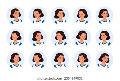 Sporty teenage girl avatar, young brunette hair woman portrait bundle. Healthy attractive lady in t-shirt. Different emotions, face icons character pic. Vector cartoon circle set on white background