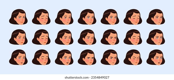 Sporty teenage girl emote set, young brunette hair woman portrait bundle. Healthy attractive female head facial expressions. Different cute face icons, positive, negative emotion pic. Vector cartoon