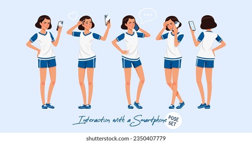 Sporty teenage girl set interacting with smartphone. Young woman wearing activewear athletic boys outfit. Health, wellness, physical education fitness, female coach. Cartoon character illustration