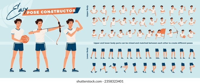 Sporty teenage, handsome brunette boy character easy pose constructor. Athletic dynamic man in sportswear drag drop set, male coach body match, figure building. Vector cartoon construction kit