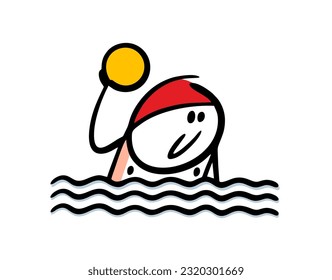 Sporty teenager throws a ball in the water, plays water polo.  Vector illustration of stickman and a summer game in the pool or the sea. Hand drawn stick figure character isolated on white background.