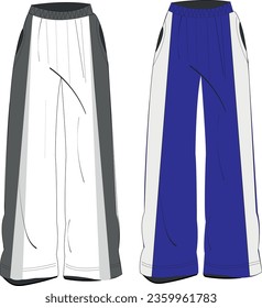 the sporty track pant vector template 
wide leg women pants sketches 
contrast nylon fabric detail 
elastic waistband 