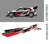 Sporty vector decal car wrap design with aggressive red, black, and white graphics. Modern racing stripe layout for rally car or sport vehicle livery.