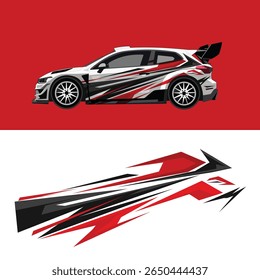 Sporty vector decal car wrap design with aggressive red, black, and white graphics. Modern racing stripe layout for rally car or sport vehicle livery.