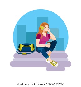 sporty vector girl sitting on the steps with a cup of coffee juice tea on the steps in a megapolis city in jeans and a red T-shirt wearing headphones, redhead listening to music and enjoy cartoon icon