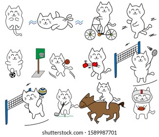 Sporty white cat Character. Sport set. Vector illustration