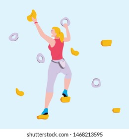 Sporty Woman Climbing on Rock-Climbing Wall with Grips and Holds. Female Climber Character. Summer Bouldering Sport and Training Flat Cartoon. Activity and Recreation. Vector Illustration