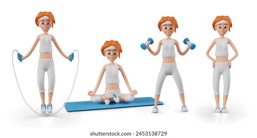 Sporty woman in different poses and with accessories. Female character is training with equipment