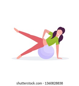 sporty woman doing exercises with fitness ball girl training in gym aerobic pilates workout healthy lifestyle concept flat white background