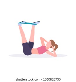 sporty woman doing exercises with resistance band girl training in gym stretching workout healthy lifestyle concept flat white background