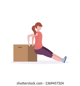 sporty woman doing exercises with wooden box girl training in gym aerobic workout healthy lifestyle concept flat white background