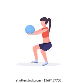 sporty woman doing squat exercises with fitness ball girl training in gym aerobic workout healthy lifestyle concept flat white background