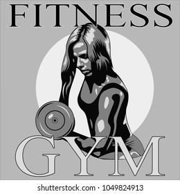Sporty woman with dumbbells. Isolated on white background. Gym and fitness club banner or poster design. Monochrome image. Vector illustration.