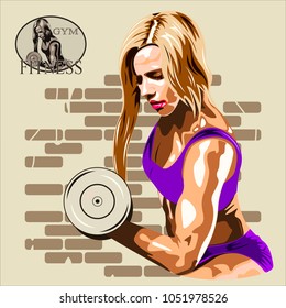 Sporty woman with dumbbells. Isolated on white background. Gym and fitness club banner or poster design. Vector illustration.