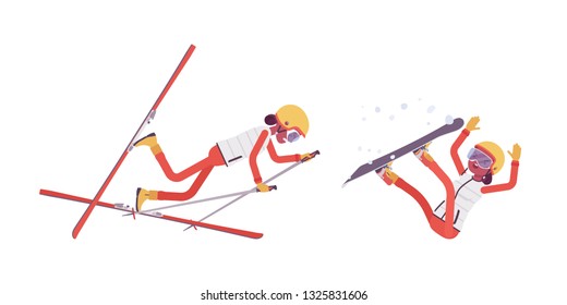 Sporty woman falling off in bad technique on ski resort. Girl in wrong skiing and snowboarding, active holiday, wintertime tourism. Vector flat style cartoon illustration isolated on white background
