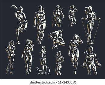Sporty woman fitness emblem set. Vector illustration.