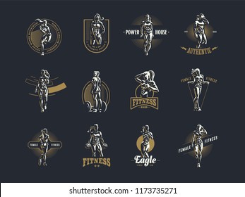 Sporty woman fitness emblem set. Vector illustration.