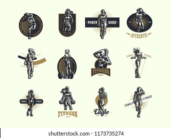 Sporty woman fitness emblem set. Vector illustration.