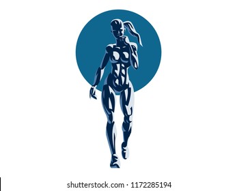 Sporty woman fitness emblem silhouette. Vector illustration.