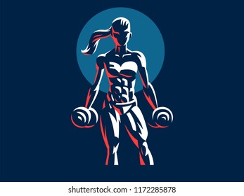 Sporty woman fitness emblem silhouette. Vector illustration.