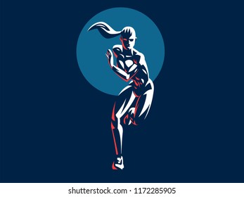 Sporty woman fitness emblem silhouette. Vector illustration.