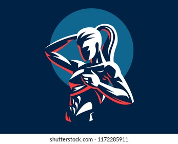 Sporty woman fitness emblem silhouette. Vector illustration.
