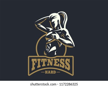 Sporty woman fitness emblem silhouette. Vector illustration.