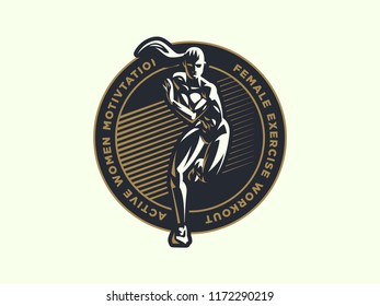 Sporty woman fitness emblem silhouette. Vector illustration.