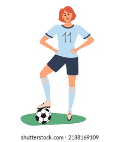 Sporty woman football soccer player standing with feet on the ball with the number 11 on the t-shirt. Girl playing football. Colorful art character isolated on white background. Vector illustration