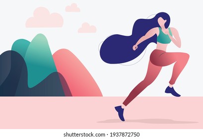 Sporty woman or girl jogging. Woman running outdoors. Flat colorful style cartoon character vector illustration.