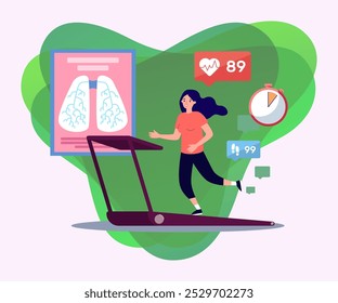 Sporty woman jogging on treadmill vector illustration. Lungs, pulse rate control, step counter. Healthy lifestyle, wellness, respiratory exercises, sport, practices concept