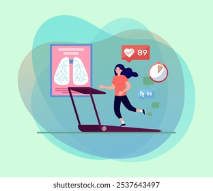 Mujer deportiva trotando en la Ilustración vectorial de la cinta de correr. Pulmones, control de pulso, contador de pasos. Estilo de vida saludable, bienestar, ejercicios respiratorios, deporte, concepto de prácticas