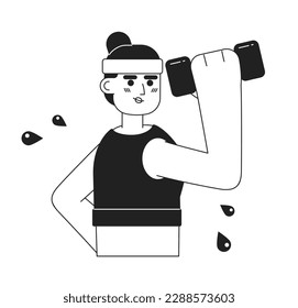 Sporty woman lifting dumbbell monochromatic flat vector character. Healthy active living. Editable thin line half body person on white. Simple bw cartoon spot image for web graphic design, animation