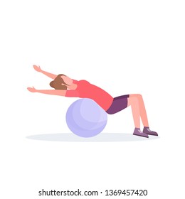 sporty woman lying fitness ball girl doing exercises training in gym aerobic pilates workout healthy lifestyle concept flat white background