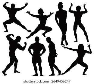 Esportivo mulher musculoso musculador vetor silhueta ilustração isolado no fundo branco. Conjunto de fisiculturistas silhuetas vetoriais. Posando musculosos homens e mulheres. Silhuetas atletas musculação