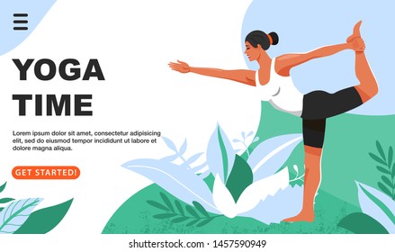 Sporty woman practicing yoga and standing in lord of the dance exercise. Girls doing Natarajasana yoga pose. Website landing page design template. Vector.