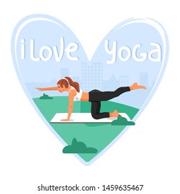 Sporty Woman Practicing Yoga And Standing In Bird Dog Exercise. Heart Shape Composition With Lettering. Vector Illustration On White Background.