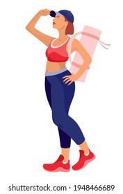 Sporty woman ready to do yoga outside. Fitness woman carrying a yoga mat on her back is looking for an outdoor yoga place. Trendy hand-drawn cartoon vector flat illustration