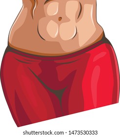 Sporty woman in red sweatpants with open belly. She's showing sports abs. Vector illustration