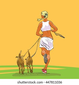 Sporty woman runner with dogs