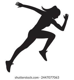 Corredor de mujer deportiva en silueta sobre fondo transparente. Atractiva mujer concepto vista lateral. Deporte, fitness y estilo de vida saludable. Ilustración vectorial.