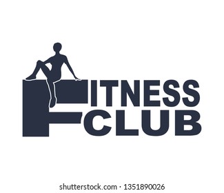 Sporty woman silhouette. Fitness club text. Emblem for sport club.