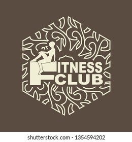 Sporty woman silhouette and fitness club text in ornamental frame. Emblem for sport club.