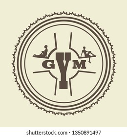 Sporty woman silhouette. Gym text. Emblem for sport club. Stamp in the shape of a circle