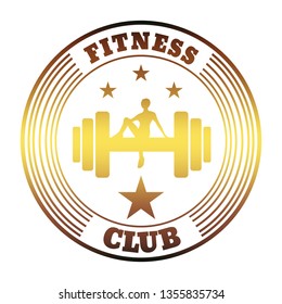 Sporty woman sits on a dumbbell. Short hair girl silhouette. Fitness club text. Emblem for sport club. Stamp in the shape of a circle