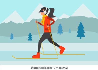 Sporty woman skiing sportsman cross country. Woman cartoon skiing girl winter mountains fir trees on background, headphones on head listening to music, exercising. Eps vector illustration flat design