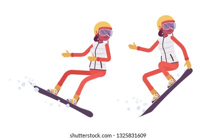 Sporty woman snowboarding, enjoys winter outdoor activities on ski resort. Girl having active holiday, wintertime tourism, recreation. Vector flat style cartoon illustration isolated, white background