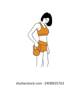 Sporty woman in sportswear with kettlebell doing fitness exercises flat vector illustration